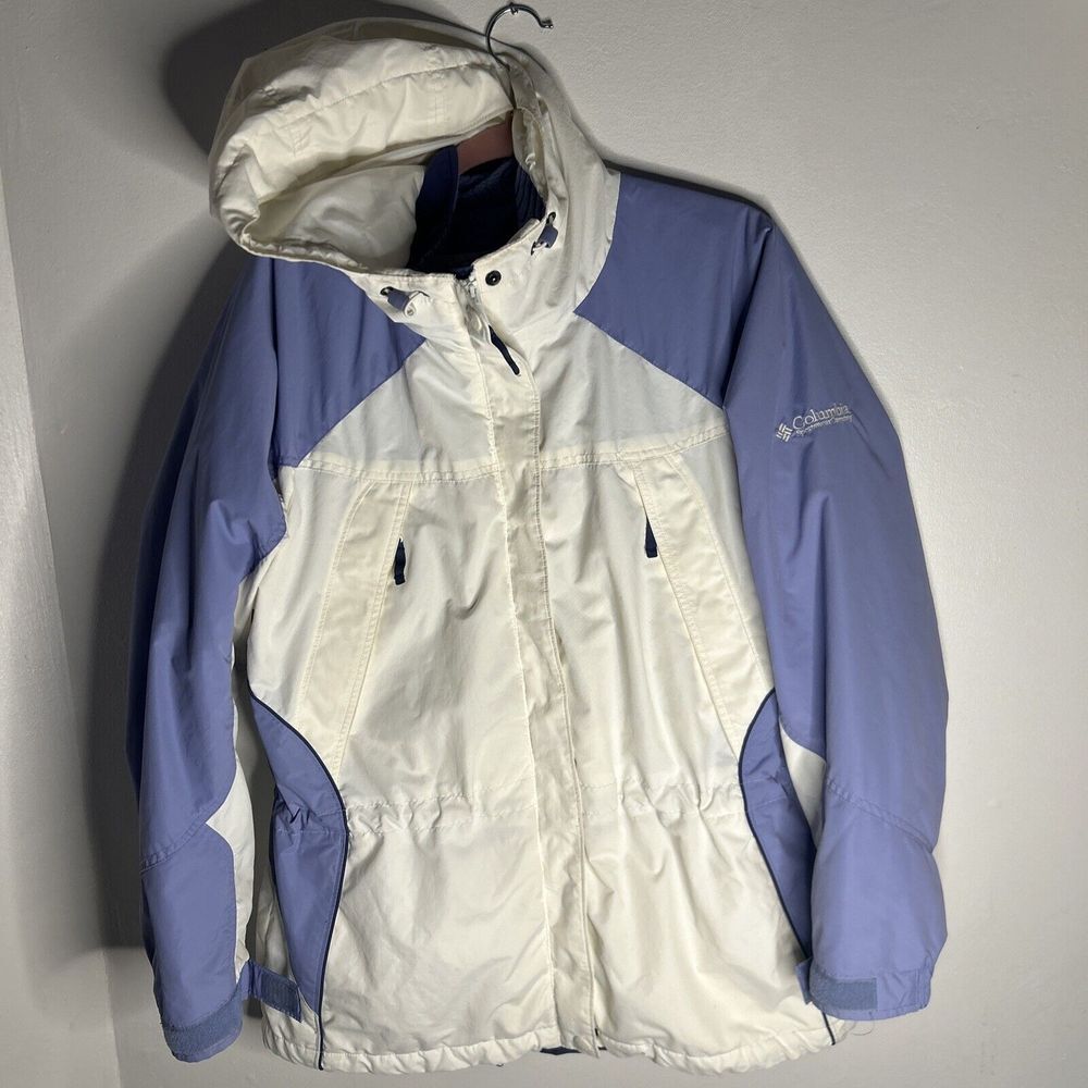 Columbia White & Periwinkle Blue Hooded Winter Ski Jacket Waterproof Outdoor